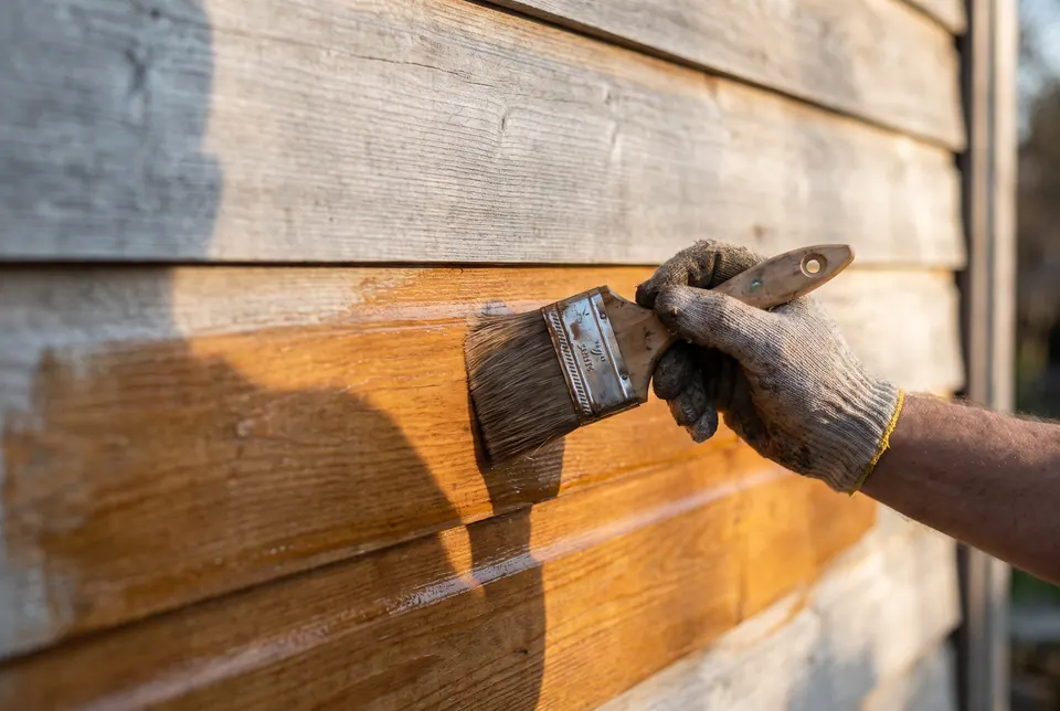 Brush applying semi-transparent stain to cedar lap siding, working along the board to keep a wet edge.