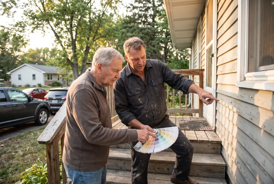 Two people looking over a paint fan deck on the front steps of a house during an estimate walkthrough.