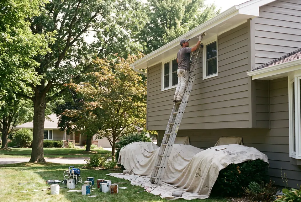 Painter on an extension ladder brushing fascia along the roofline of a house on a clear day.