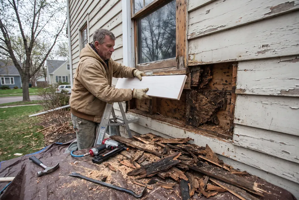 New primed trim board being fitted into a window casing where rotten wood was cut out